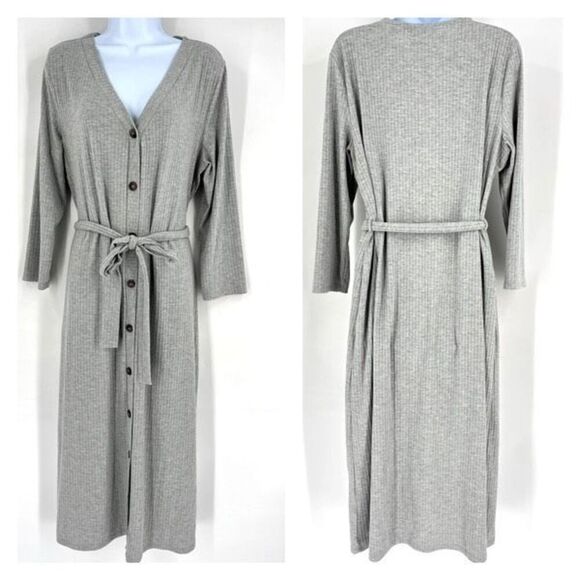 Good Luck Gem Women's Ribbed Button Front Tie Waist Maxi Dress Gray Size XL - Picture 1 of 7
